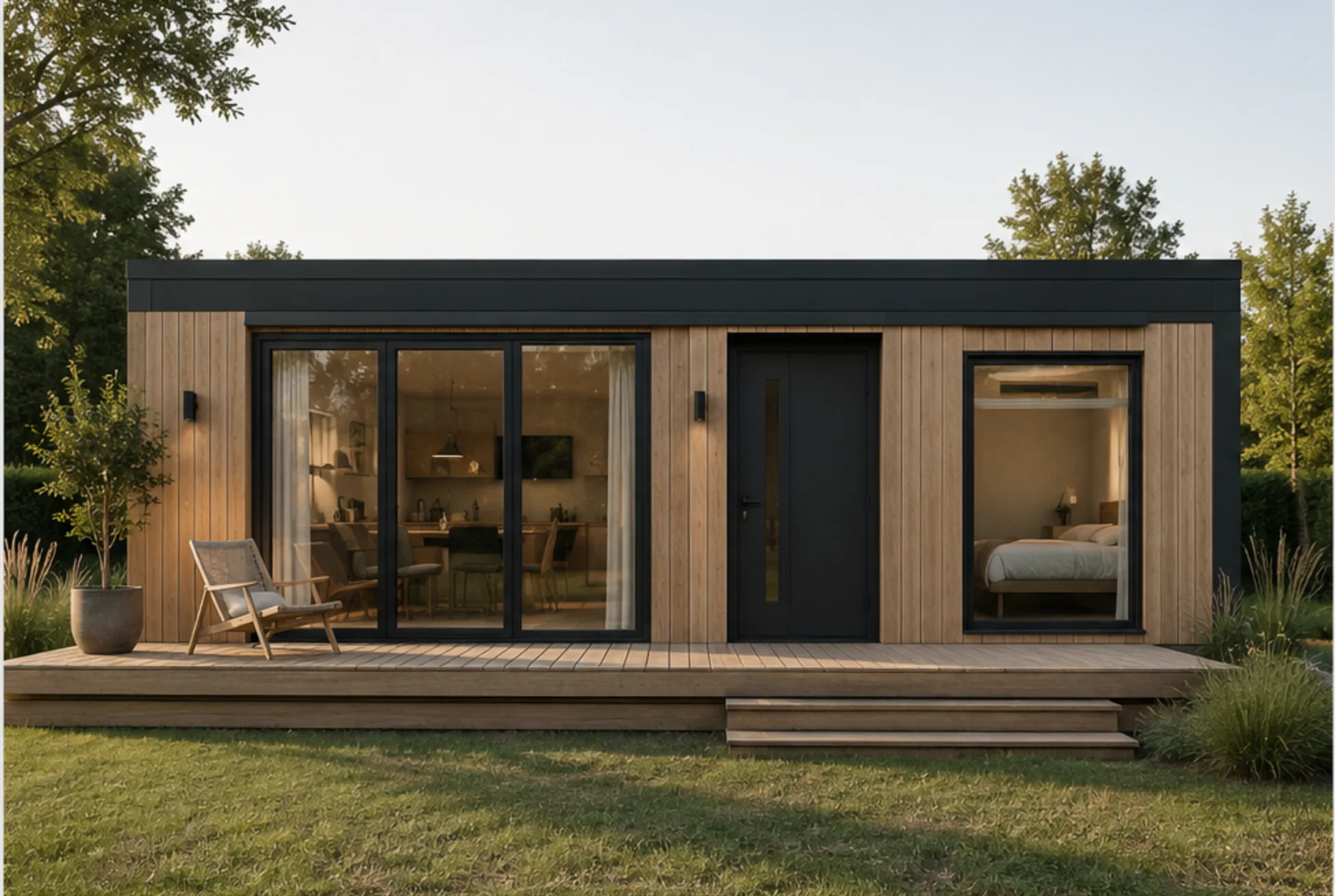 Stavhaus Solo, a 32 square metre modular timber home in Douglas fir cladding with a deck, at dusk
